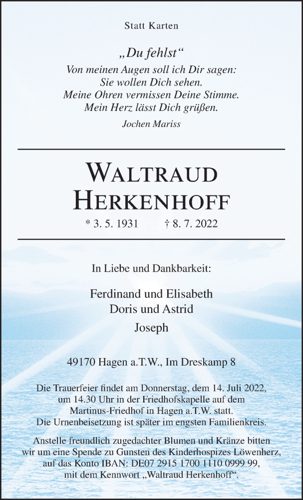  Traueranzeige für Waltraud Herkenhoff vom 12.07.2022 aus Neue Osnabrücker Zeitung GmbH & Co. KG