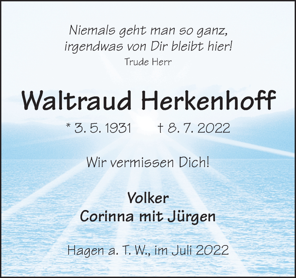  Traueranzeige für Waltraud Herkenhoff vom 12.07.2022 aus Neue Osnabrücker Zeitung GmbH & Co. KG