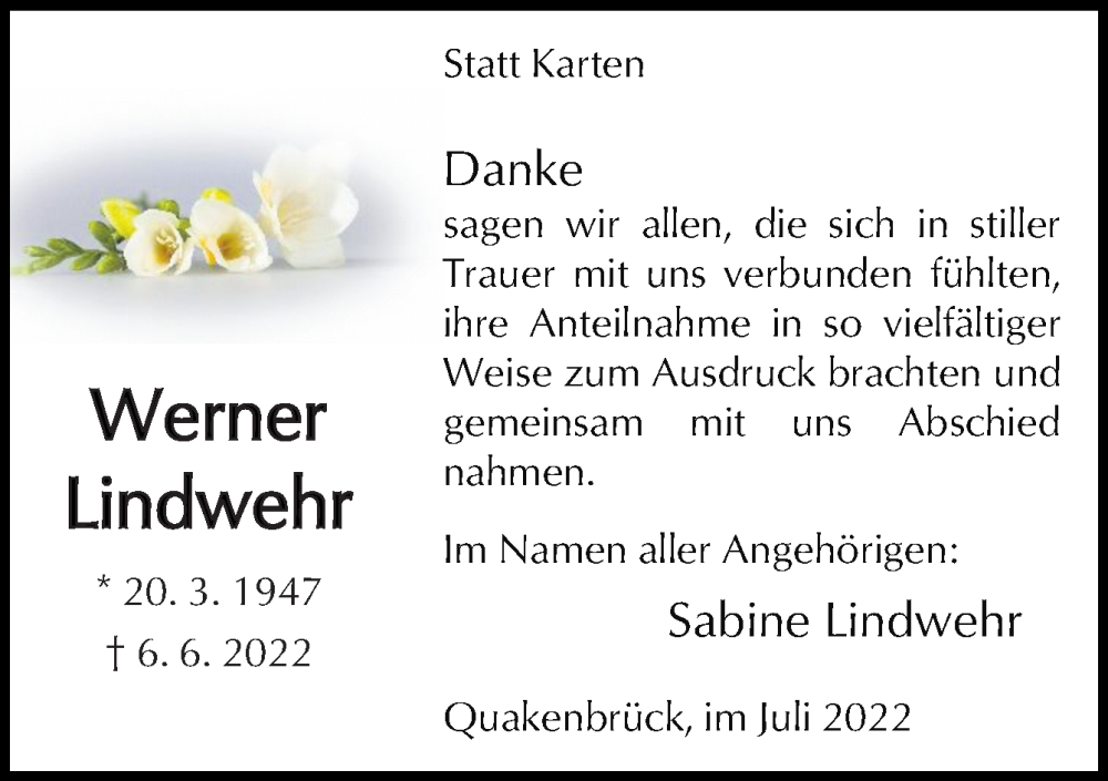  Traueranzeige für Werner Lindwehr vom 16.07.2022 aus Neue Osnabrücker Zeitung GmbH & Co. KG