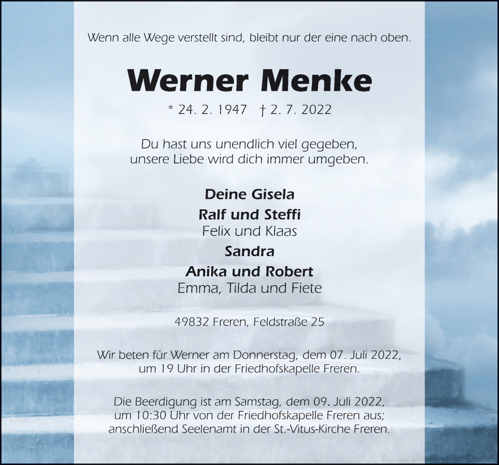  Traueranzeige für Werner Menke vom 05.07.2022 aus Neue Osnabrücker Zeitung GmbH & Co. KG