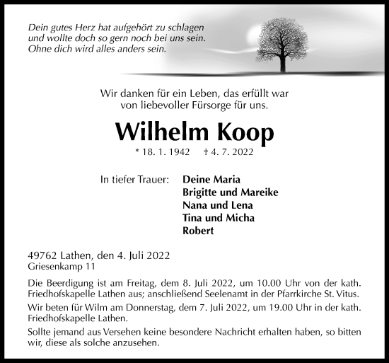 Traueranzeige von Wilhelm Koop von Neue Osnabrücker Zeitung GmbH & Co. KG