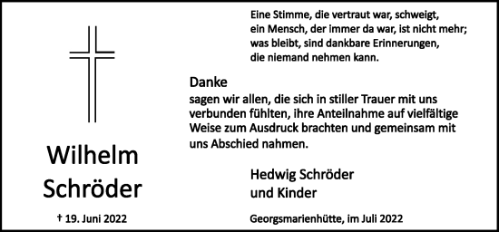 Traueranzeige von Wilhelm Schröder von Neue Osnabrücker Zeitung GmbH & Co. KG