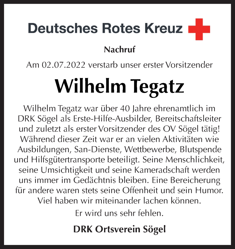  Traueranzeige für Wilhelm Tegatz vom 08.07.2022 aus Neue Osnabrücker Zeitung GmbH & Co. KG