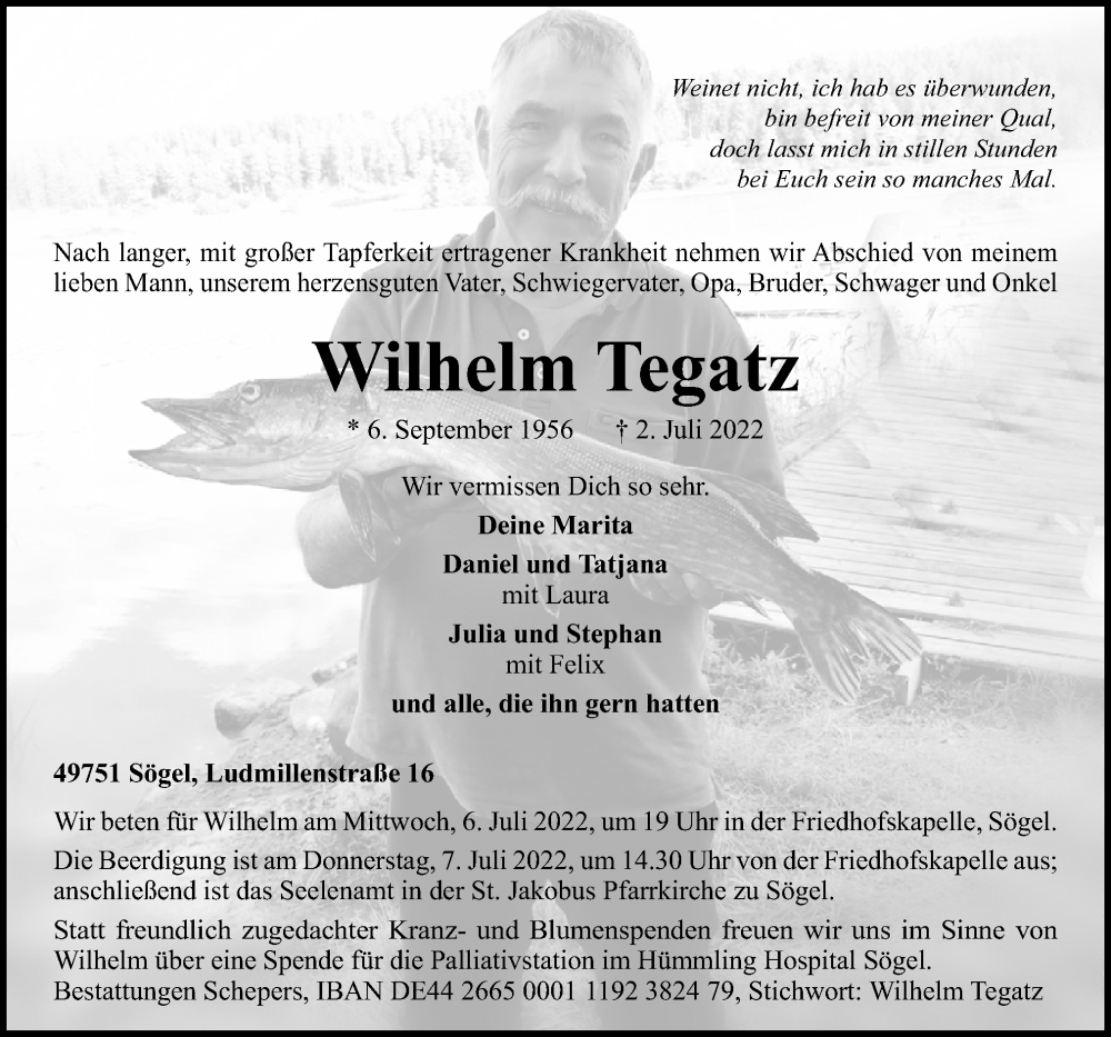  Traueranzeige für Wilhelm Tegatz vom 05.07.2022 aus Neue Osnabrücker Zeitung GmbH & Co. KG