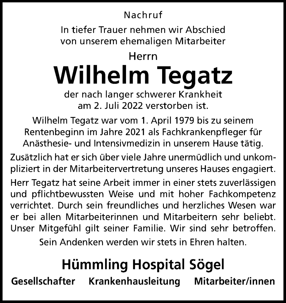  Traueranzeige für Wilhelm Tegatz vom 07.07.2022 aus Neue Osnabrücker Zeitung GmbH & Co. KG