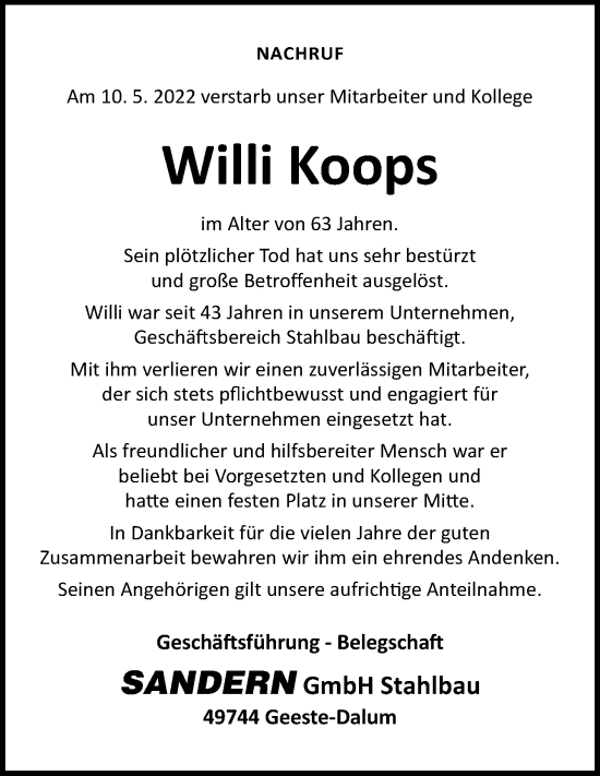 Traueranzeige von Willi Koops von Neue Osnabrücker Zeitung GmbH & Co. KG