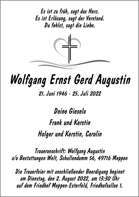 Traueranzeige von Wolfgang Ernst Gerd Augustin von Neue Osnabrücker Zeitung GmbH & Co. KG