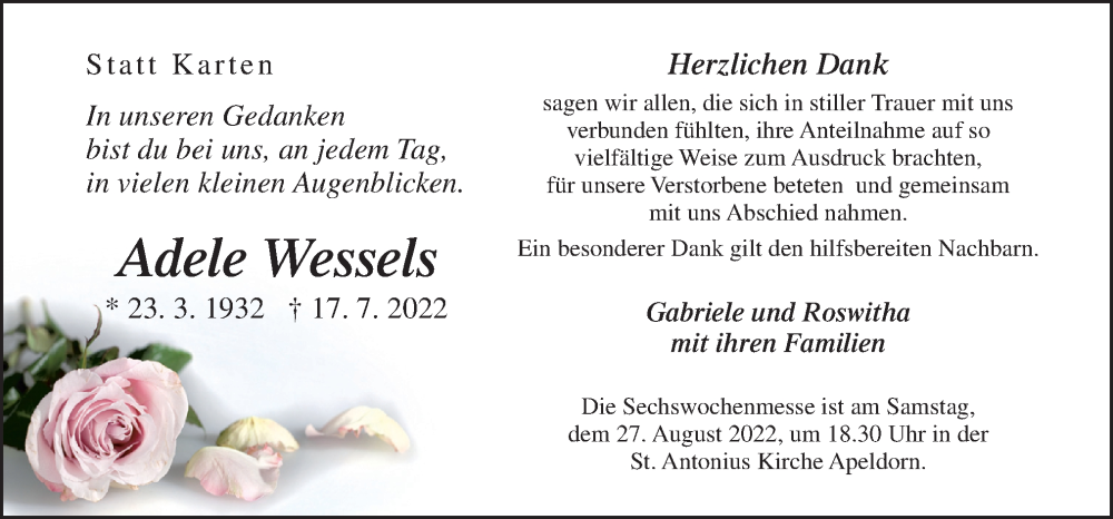  Traueranzeige für Adele Wessels vom 25.08.2022 aus Neue Osnabrücker Zeitung GmbH & Co. KG