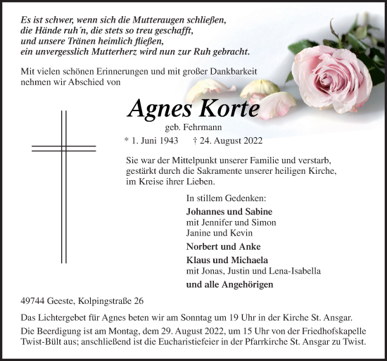 Traueranzeige von Agnes Korte von Neue Osnabrücker Zeitung GmbH & Co. KG