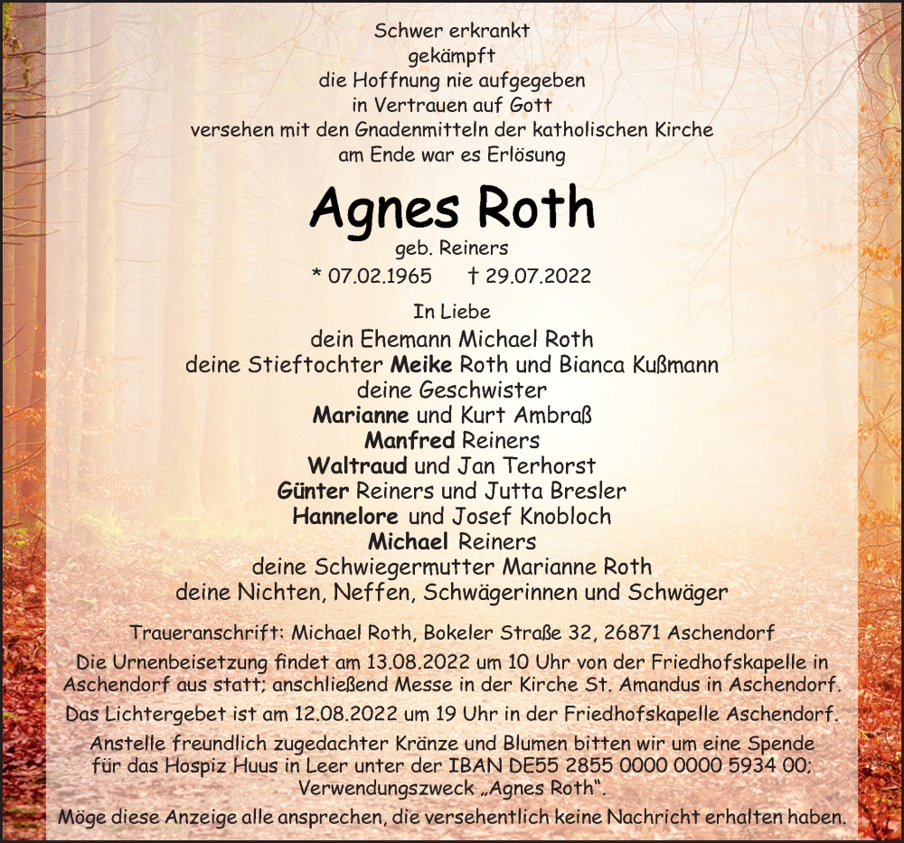  Traueranzeige für Agnes Roth vom 06.08.2022 aus Neue Osnabrücker Zeitung GmbH & Co. KG