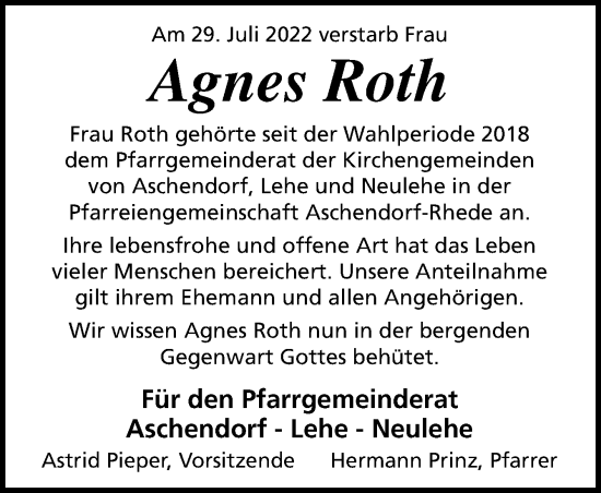 Traueranzeige von Agnes Roth von Neue Osnabrücker Zeitung GmbH & Co. KG