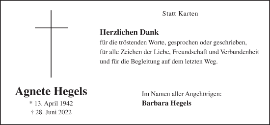 Traueranzeige von Agnete Hegels von Neue Osnabrücker Zeitung GmbH & Co. KG