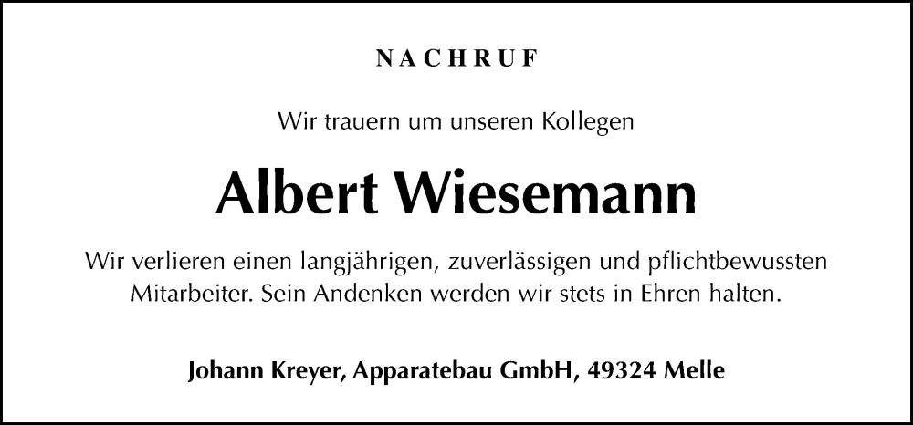  Traueranzeige für Albert Wiesemann vom 20.08.2022 aus Neue Osnabrücker Zeitung GmbH & Co. KG