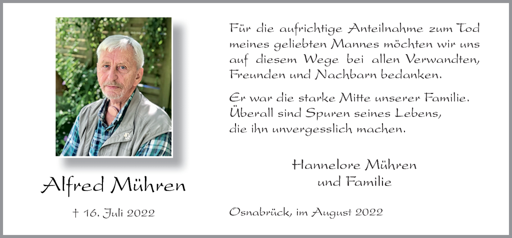  Traueranzeige für Alfred Mühren vom 27.08.2022 aus Neue Osnabrücker Zeitung GmbH & Co. KG