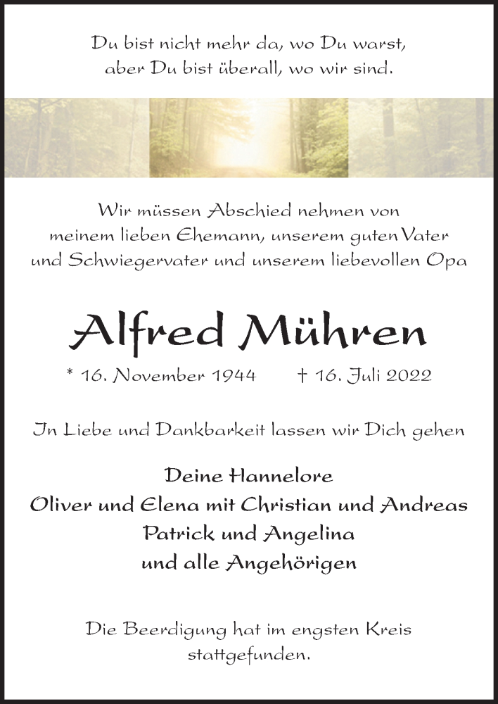  Traueranzeige für Alfred Mühren vom 06.08.2022 aus Neue Osnabrücker Zeitung GmbH & Co. KG