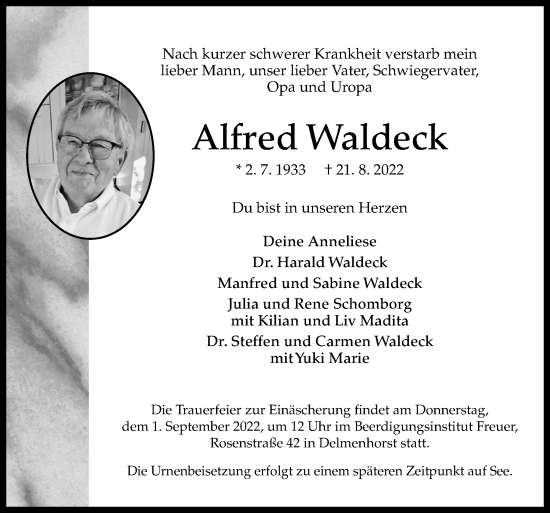 Traueranzeige von Alfred Waldeck von DK Medien GmbH & Co. KG