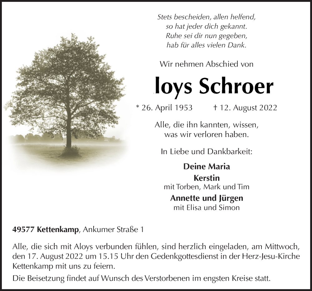  Traueranzeige für Aloys Schroer vom 15.08.2022 aus Neue Osnabrücker Zeitung GmbH & Co. KG