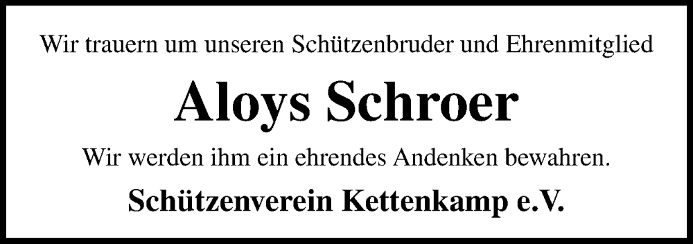  Traueranzeige für Aloys Schroer vom 17.08.2022 aus Neue Osnabrücker Zeitung GmbH & Co. KG