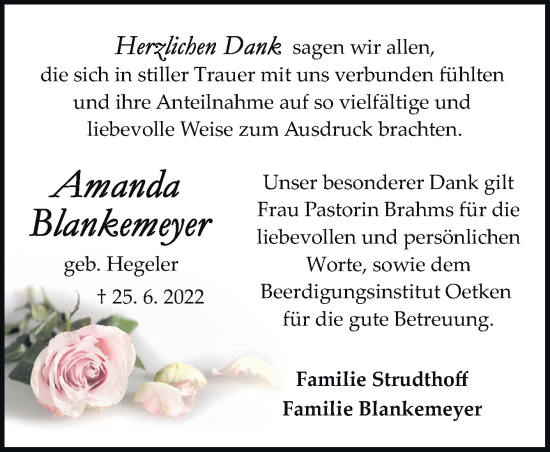 Traueranzeige von Amanda Blankemeyer von DK Medien GmbH & Co. KG