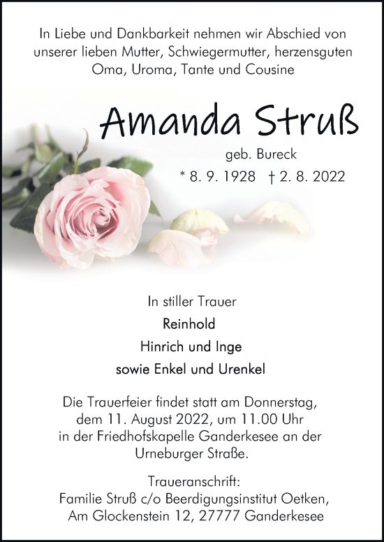 Traueranzeige von Amanda Struß von DK Medien GmbH & Co. KG