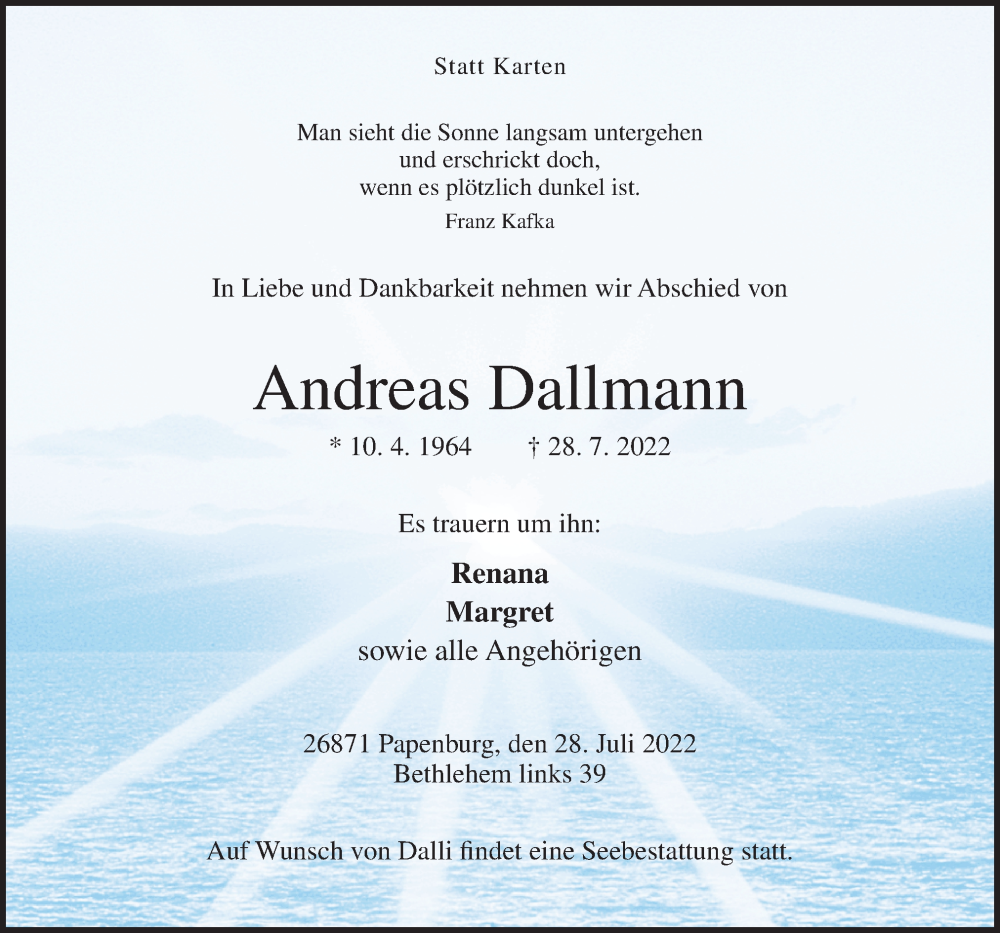  Traueranzeige für Andreas Dallmann vom 02.08.2022 aus Neue Osnabrücker Zeitung GmbH & Co. KG