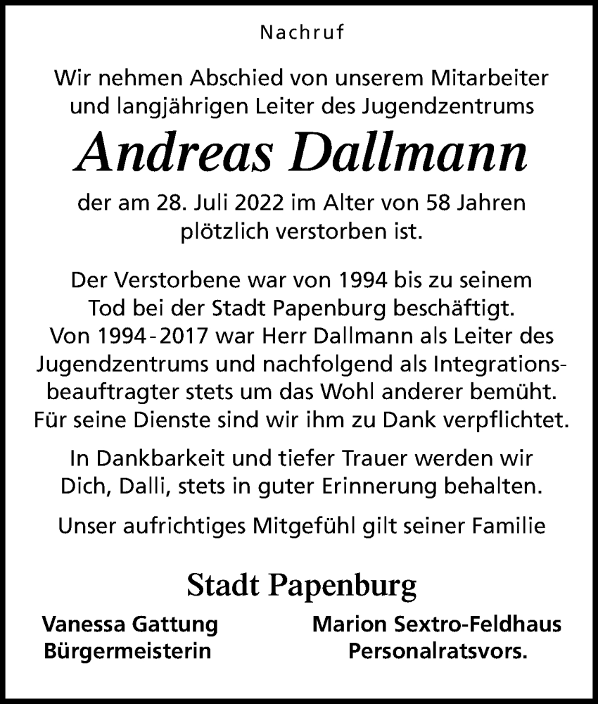  Traueranzeige für Andreas Dallmann vom 04.08.2022 aus Neue Osnabrücker Zeitung GmbH & Co. KG