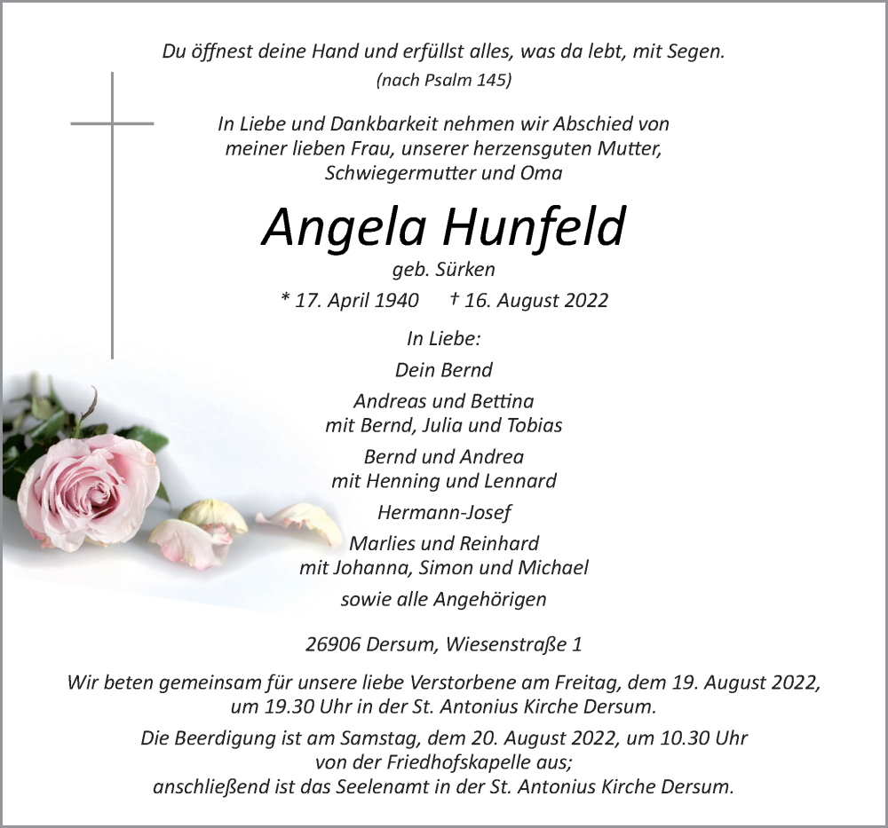  Traueranzeige für Angela Hunfeld vom 18.08.2022 aus Neue Osnabrücker Zeitung GmbH & Co. KG