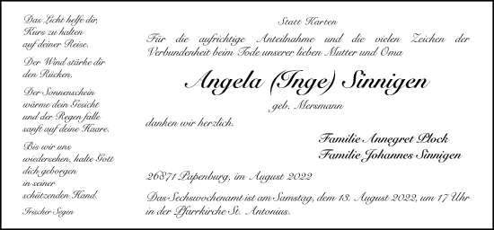 Traueranzeige von Angela Sinnigen von Neue Osnabrücker Zeitung GmbH & Co. KG
