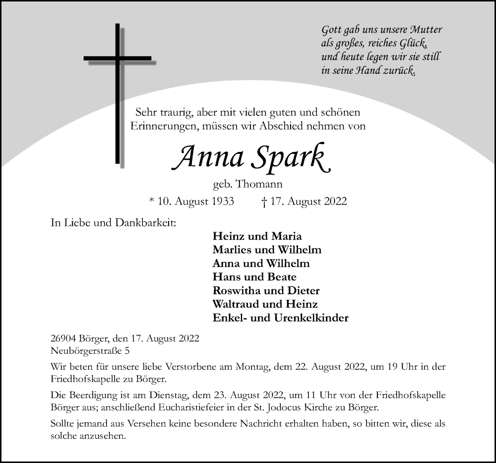  Traueranzeige für Anna Spark vom 20.08.2022 aus Neue Osnabrücker Zeitung GmbH & Co. KG