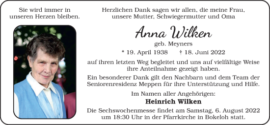 Traueranzeige von Anna Wilken von Neue Osnabrücker Zeitung GmbH & Co. KG