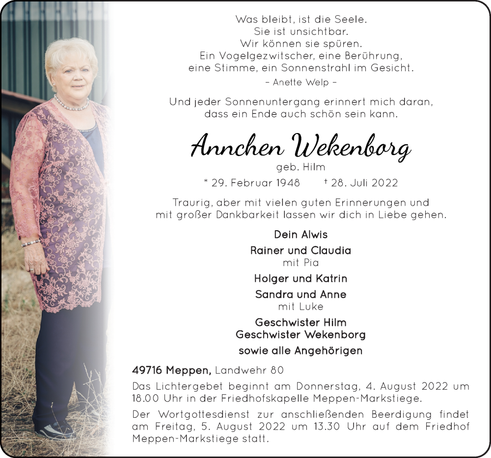  Traueranzeige für Annchen Wekenborg vom 01.08.2022 aus Neue Osnabrücker Zeitung GmbH & Co. KG