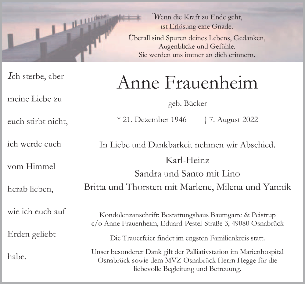  Traueranzeige für Anne Frauenheim vom 13.08.2022 aus Neue Osnabrücker Zeitung GmbH & Co. KG