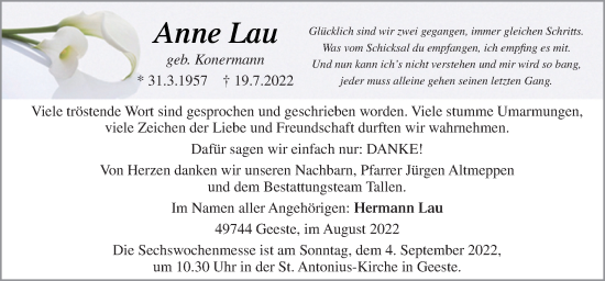 Traueranzeige von Anne Lau von Neue Osnabrücker Zeitung GmbH & Co. KG