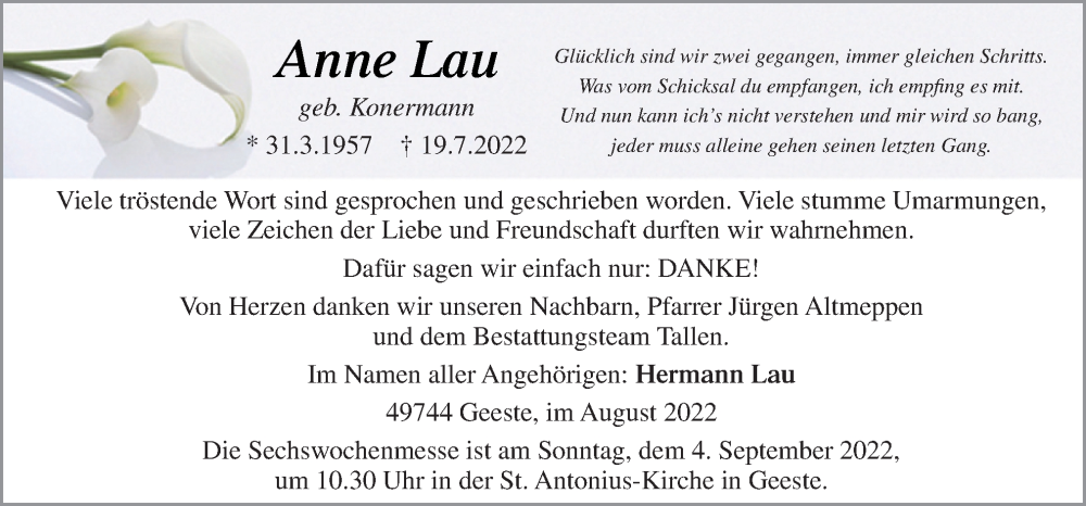  Traueranzeige für Anne Lau vom 31.08.2022 aus Neue Osnabrücker Zeitung GmbH & Co. KG