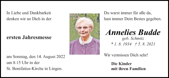 Traueranzeige von Annelies Budde von Neue Osnabrücker Zeitung GmbH & Co. KG