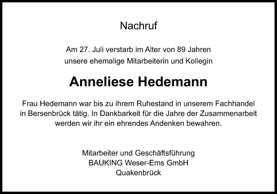 Traueranzeige von Anneliese Hedemann von Neue Osnabrücker Zeitung GmbH & Co. KG