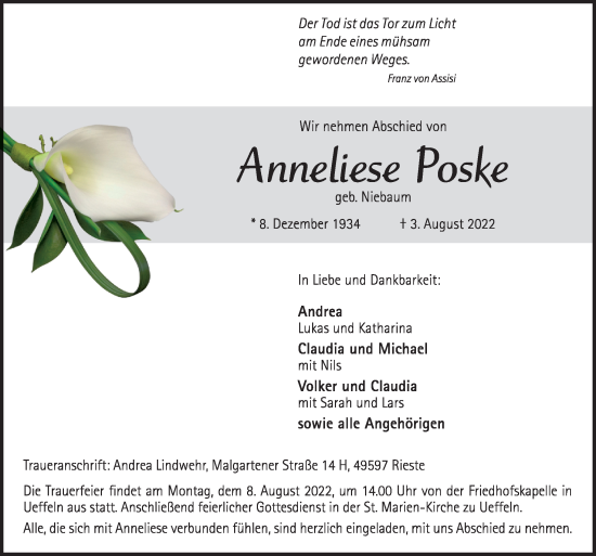 Traueranzeige von Anneliese Poske von Neue Osnabrücker Zeitung GmbH & Co. KG