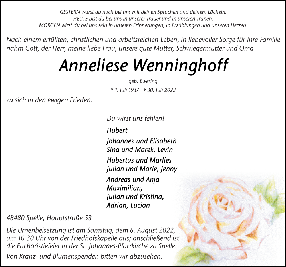 Traueranzeigen von Anneliese Wenninghoff noz Trauerportal