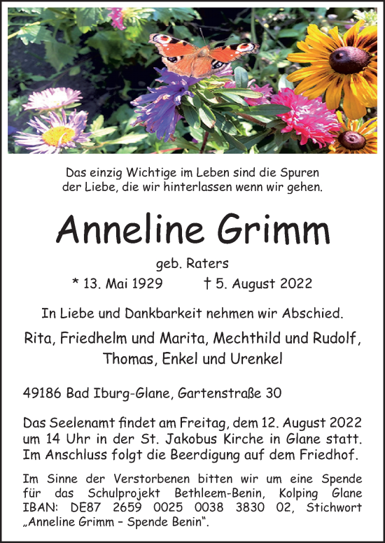 Traueranzeige von Anneline Grimm von Neue Osnabrücker Zeitung GmbH & Co. KG