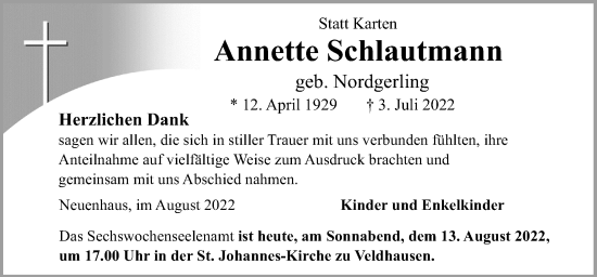 Traueranzeige von Annette Schlautmann von Neue Osnabrücker Zeitung GmbH & Co. KG