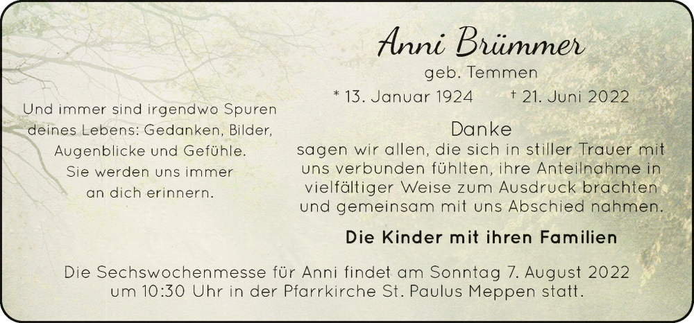  Traueranzeige für Anni Brümmer vom 03.08.2022 aus Neue Osnabrücker Zeitung GmbH & Co. KG