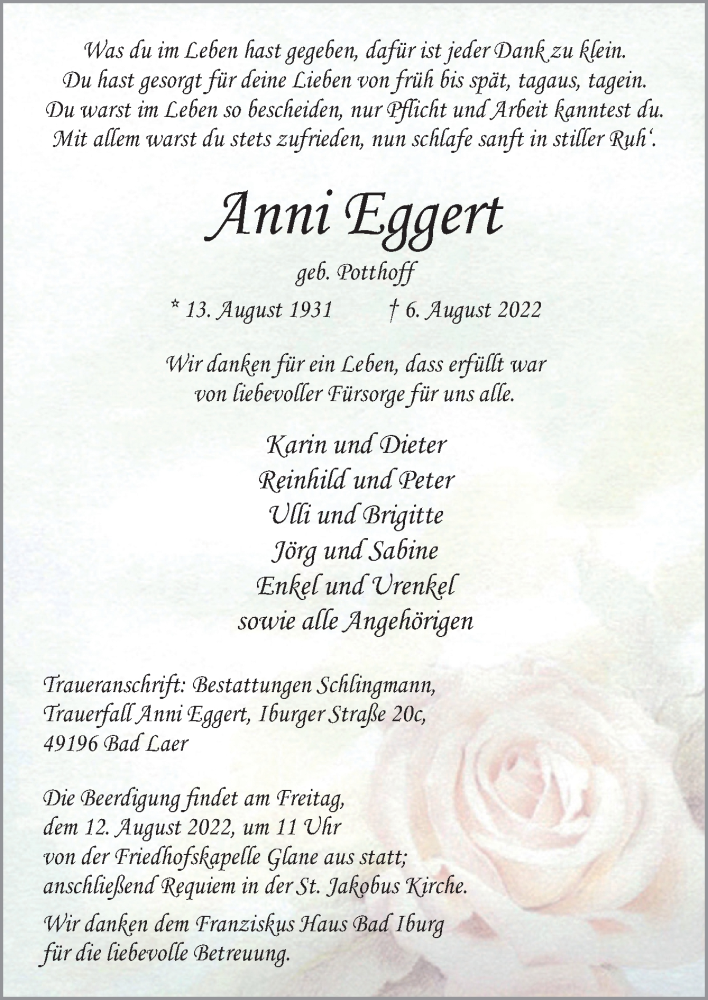  Traueranzeige für Anni Eggert vom 09.08.2022 aus Neue Osnabrücker Zeitung GmbH & Co. KG