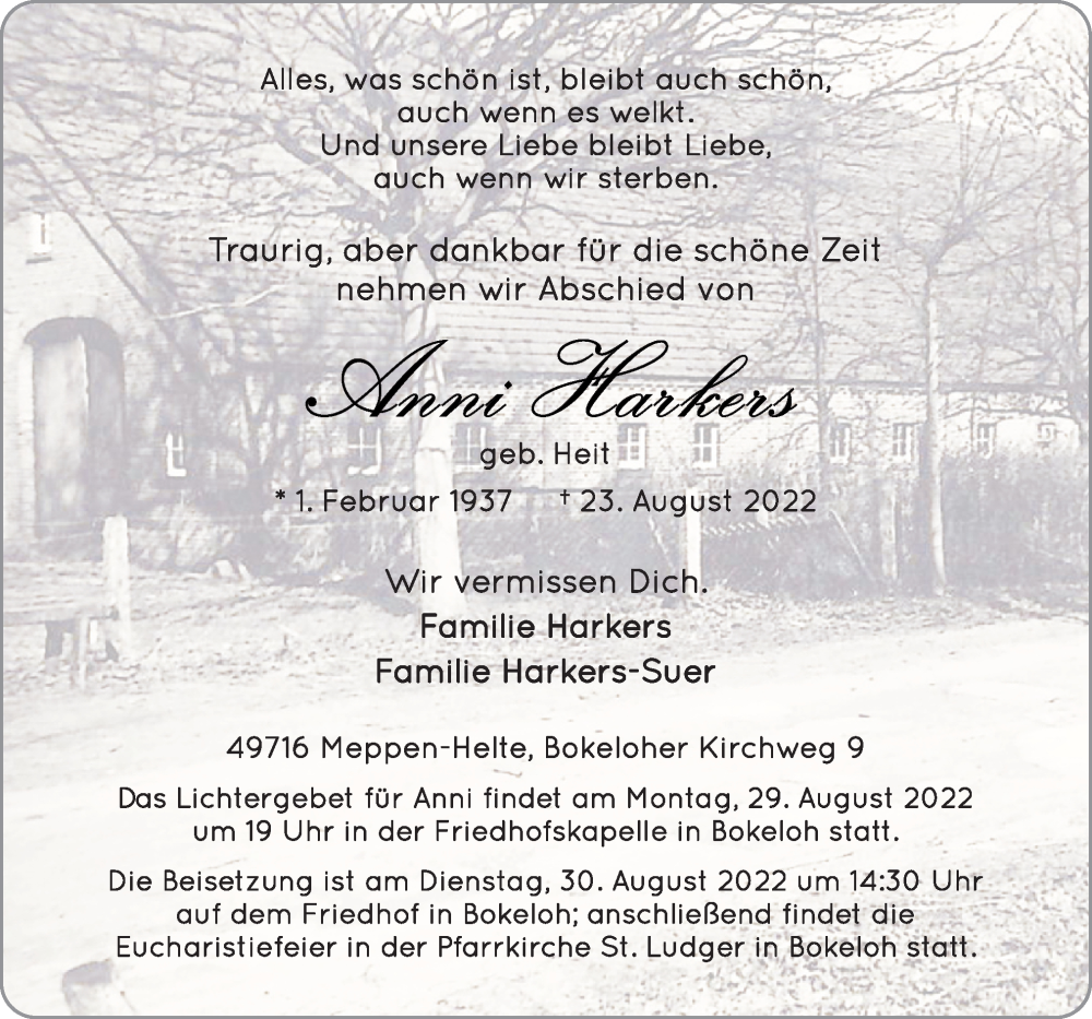  Traueranzeige für Anni Harkers vom 27.08.2022 aus Neue Osnabrücker Zeitung GmbH & Co. KG