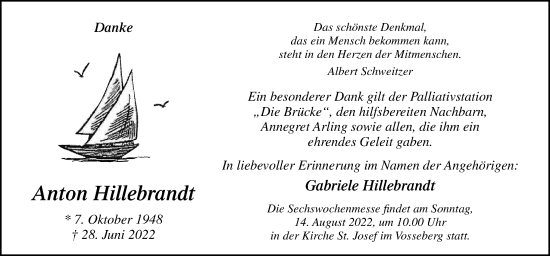 Traueranzeige von Anton Hillebrandt von Neue Osnabrücker Zeitung GmbH & Co. KG