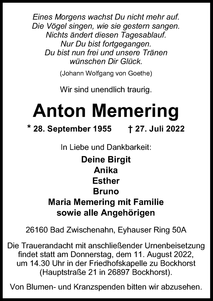  Traueranzeige für Anton Memering vom 05.08.2022 aus Neue Osnabrücker Zeitung GmbH & Co. KG