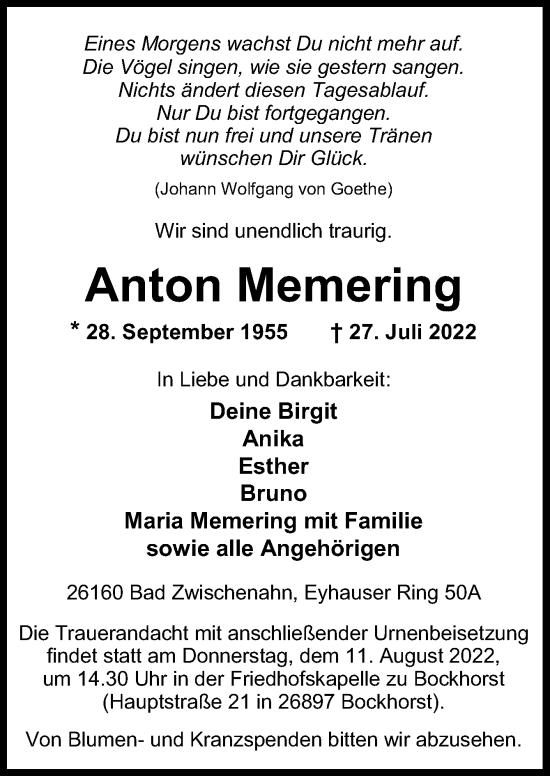 Traueranzeige von Anton Memering von Neue Osnabrücker Zeitung GmbH & Co. KG