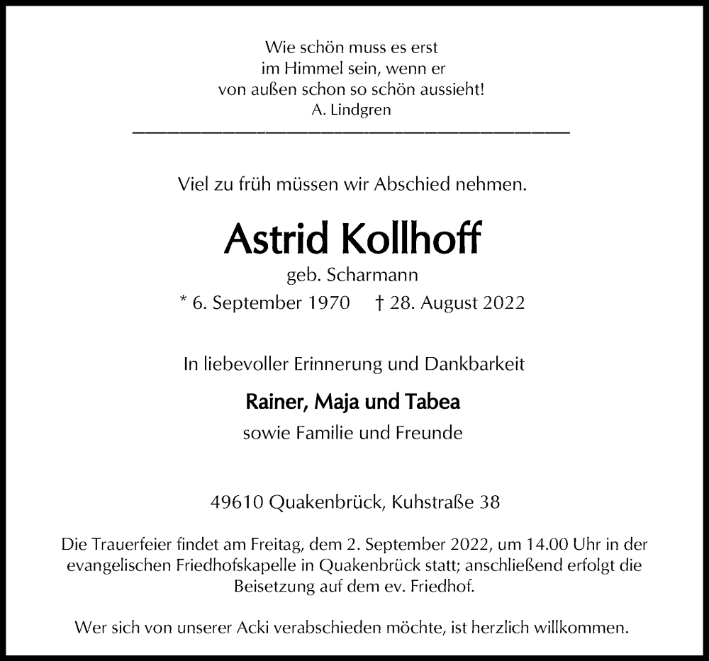  Traueranzeige für Astrid Kollhoff vom 31.08.2022 aus Neue Osnabrücker Zeitung GmbH & Co. KG