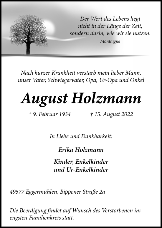 Traueranzeige von August Holzmann von Neue Osnabrücker Zeitung GmbH & Co. KG