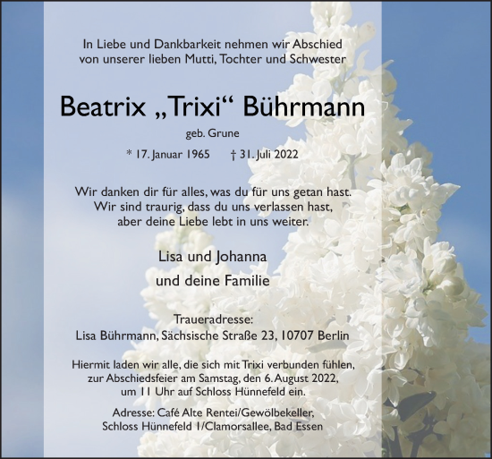 Traueranzeige von Beatrix Bührmann von Neue Osnabrücker Zeitung GmbH & Co. KG