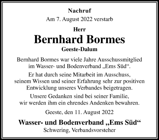 Traueranzeige von Bernhard Bormes von Neue Osnabrücker Zeitung GmbH & Co. KG